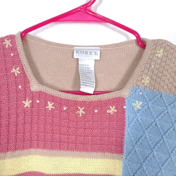 Koret Vintage Patchwork Knit Blouse – Cottagecore Grandmacore Top – Pink & Cream - Picture 10 of 13